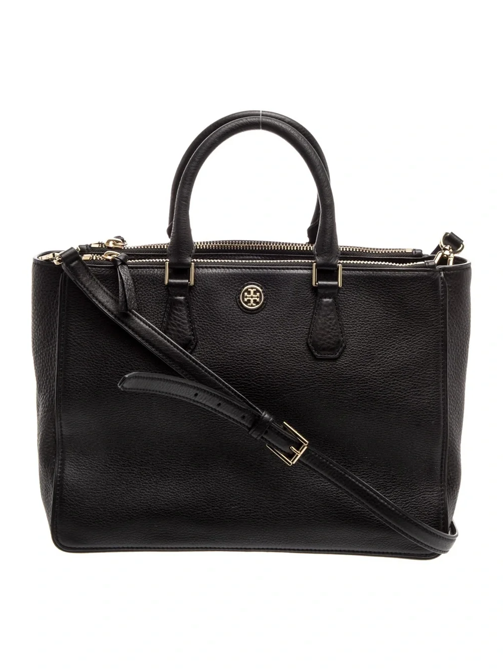 Tory Burch Robinson Double Zip Black Pebbled Leather Satchel Gold Hardware $575